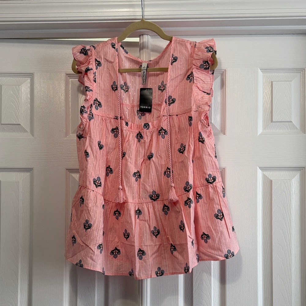 Belle Isle Pink Ruffled Sleeveless Top with Floral Print, Sz 1